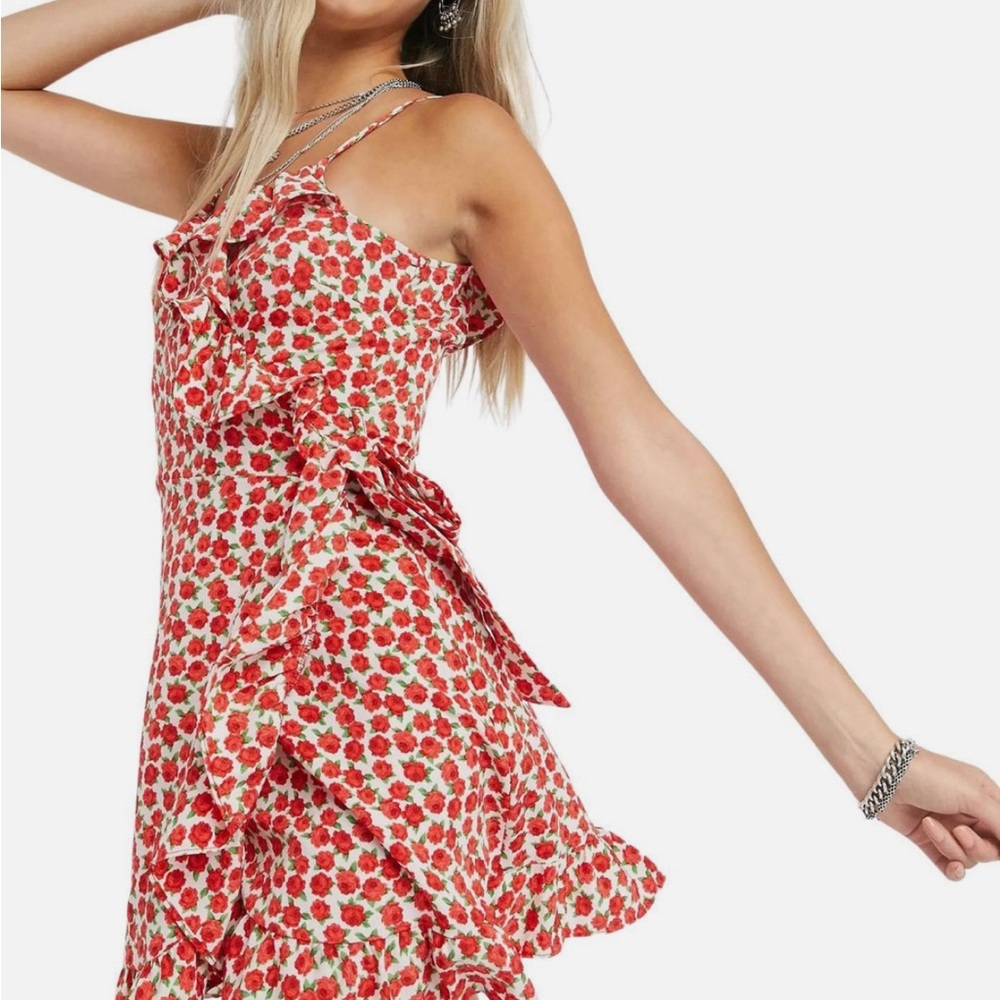 SZ 12 - Topshop Red Rose Ruffle Detail Mini Wrap Dress